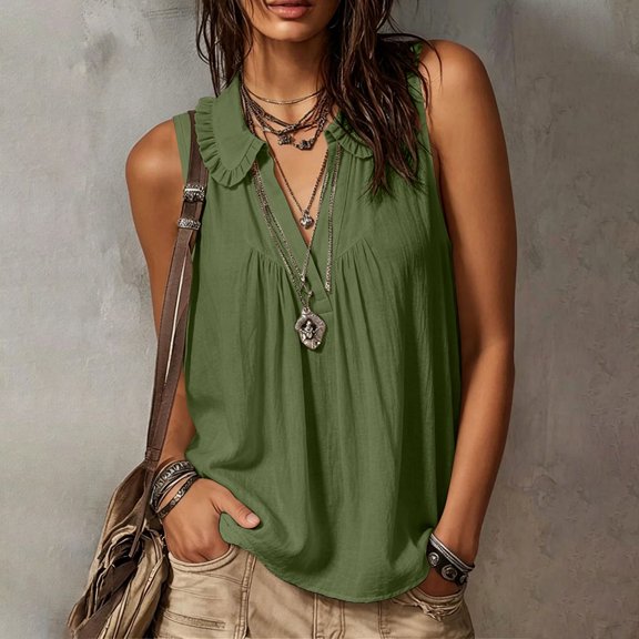 ClodeEU Women's V Neck Sleeveless Collared Pleated Blouse,Solid Color Casual Tank Top for Summer Army Green,Women's Plus L