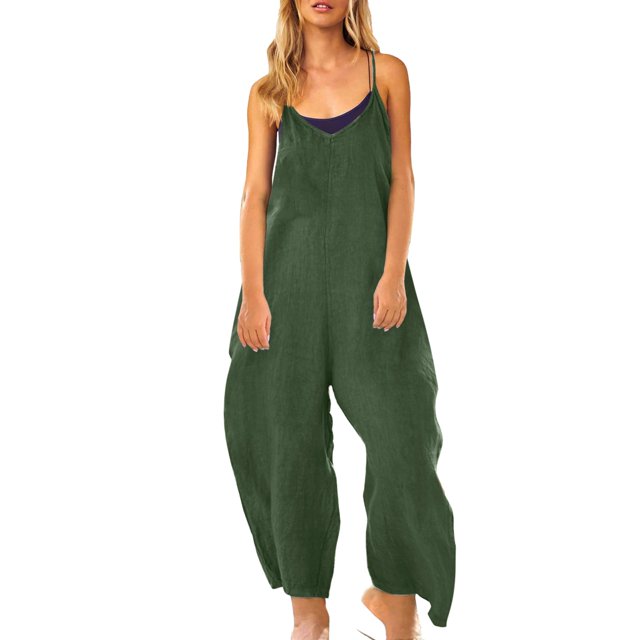 Gibobby Monos Holgados Mono sin mangas con cuello en V para mujer, informal, liso, de verano, con pierna ancha, pantalones con pechera, mono con botones y bolsillos con botone(Verde, XL)