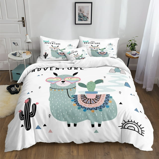 Move Over Alpaca Bedding Sets Full Cartton Cactus Duvet Cover Set Llama and Plants Pattern Microfiber Kids Bedding No Filling