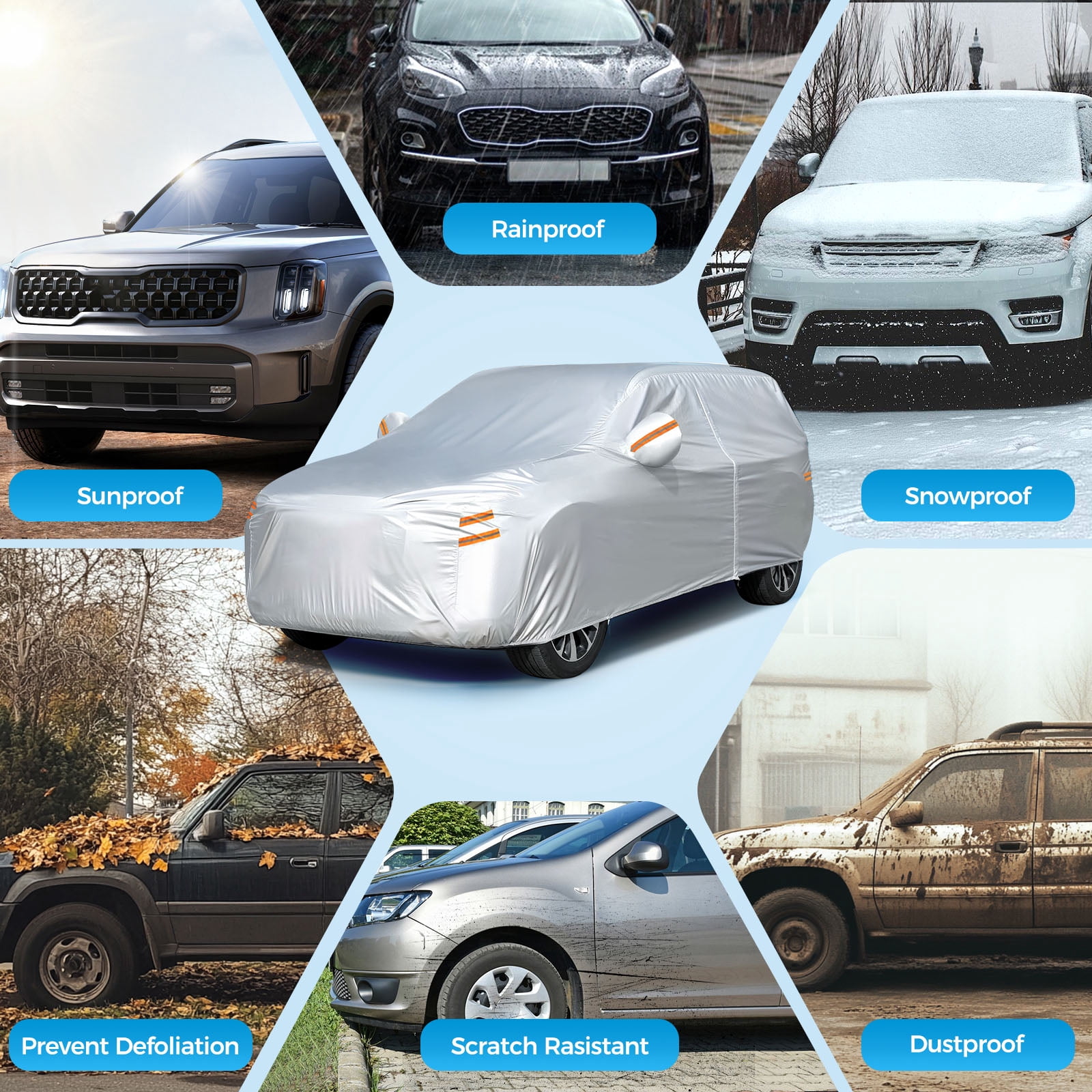 SUV Waterproof Car Covers for Automobiles All Weather Season Rain  Snowproof Sun UV ProtectionOutdoor Full Cover Universal, Fit for 182"To190"SUV,Silver
