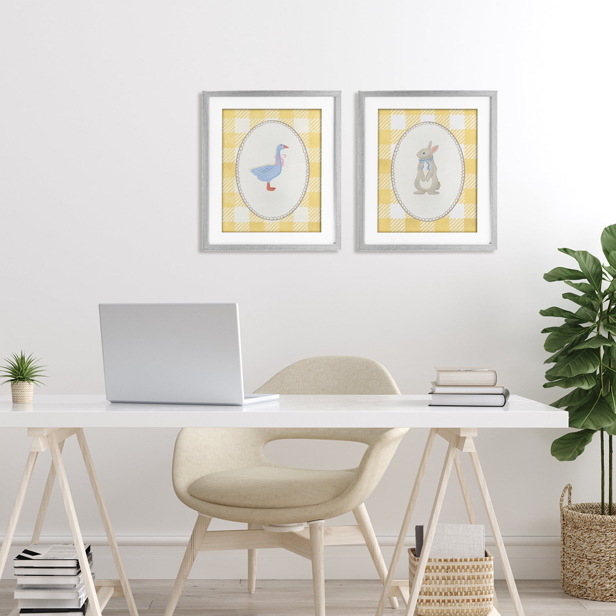 Stupell Industries Goose & Bunny Yellow Gingham 2 Piece Gray Framed Print Under Glass Set, design by The Paper Curator