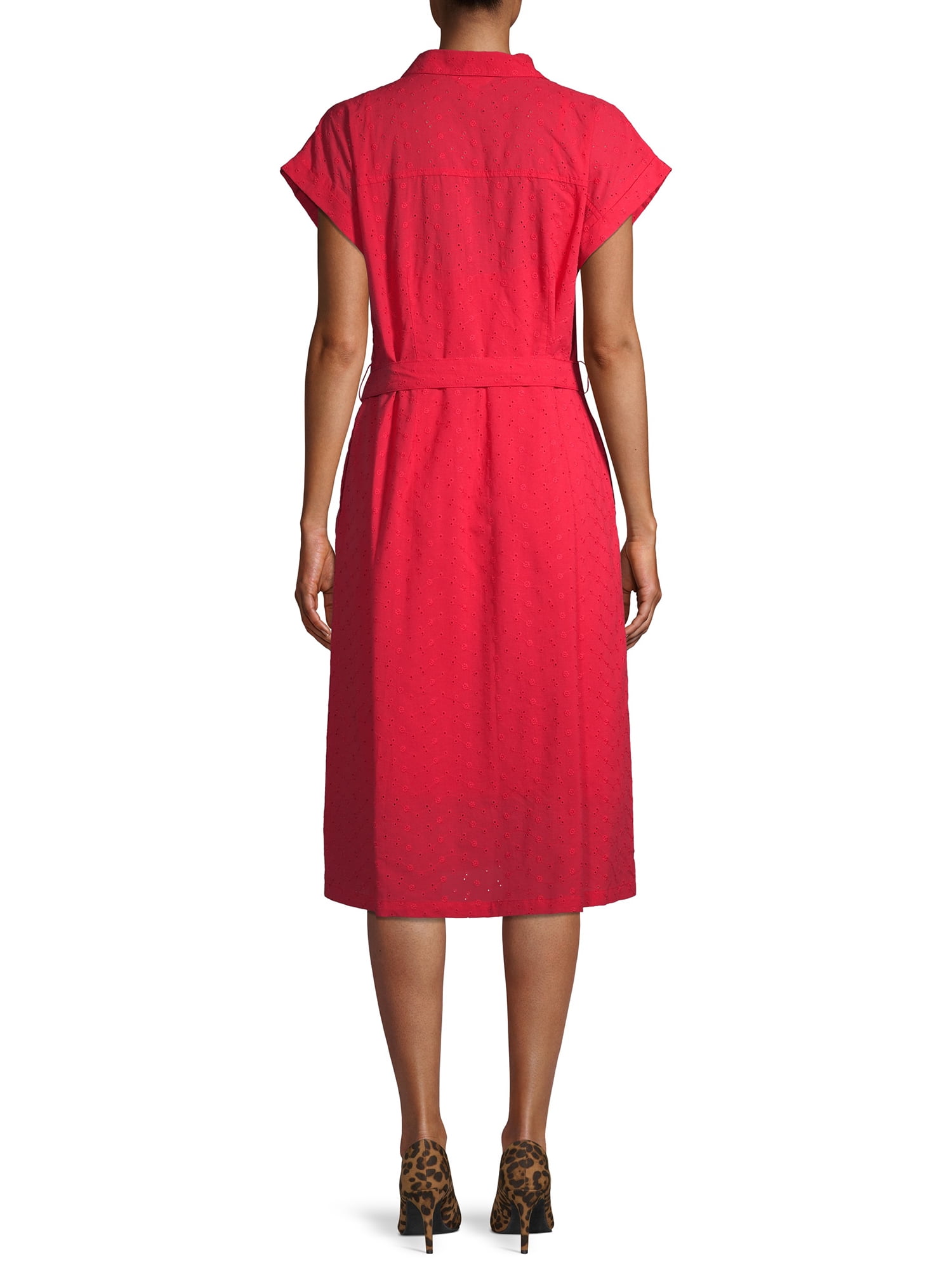 time and tru women's belted midi shirt dress with pocket