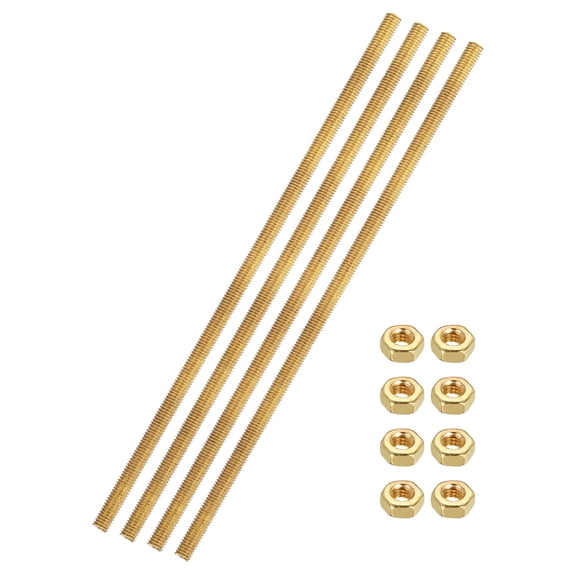 Uxcell 4 Sets Brass Fully Threaded Rod, M3x0.5mm Pitch Right Hand Threads Studs with Solid Brass Hex Nuts, 100mm/4" Long Threaded Screw Rods Fasteners for Anchors Bolts Hangers Clamps