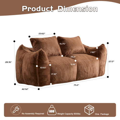 MOONMISS Giant Bean Bag Chair, No Assembly Required, Ultra-Soft Plush Lounge Chair with Two Pillows, Suitable for Living Room or Bedroom, Brown