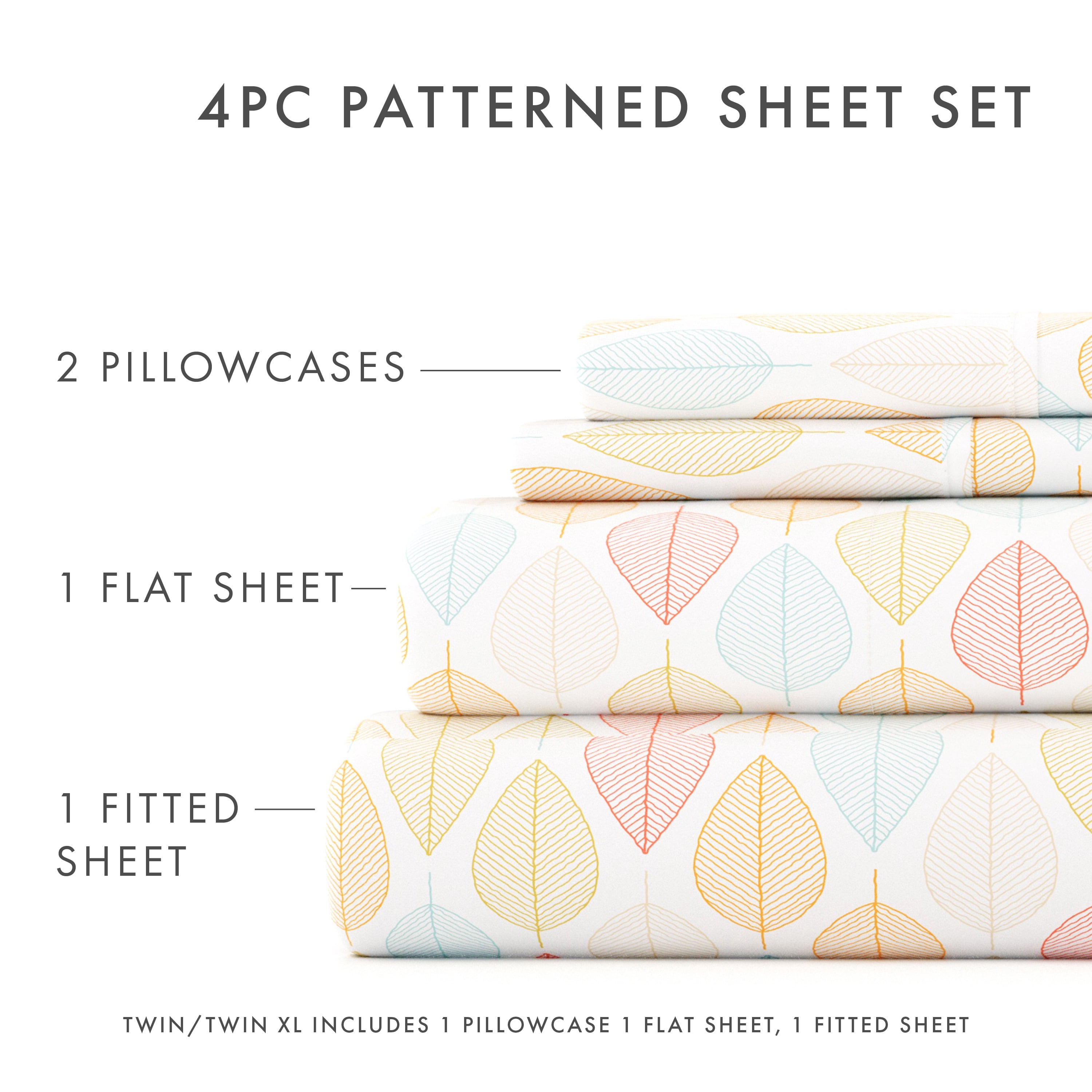 Noble Linens 4 Piece Pattern Microfiber Bed Sheets Set, Yellow Fall Foliage, California King