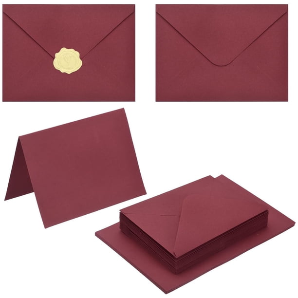 Paquete de 50 sobres de color rojo vino con tarjetas, con solapa en V con cartulina y calcomanías doradas para tarjetas de felicitación, boda, felicitación, invitaciones de