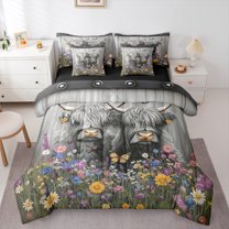 Manfei Teens Farmhouse Cow Bedding Comforter Set 7 Pieces, Vibrant Groovy Flower Full Bedding Set, Butterfly Animal Reversible Fitted Sheet Flat Sheet, Luxury Bedroom Decor