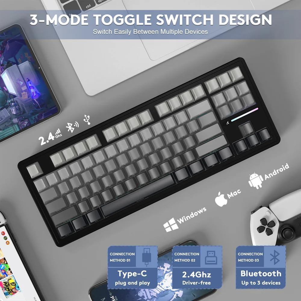 ATTACK SHARK M87PRO Wireless Mechanical Gaming Keyboard,Hot Swappable Gasket RGB Custom Keyboard,Linear Switch&Side Printed PBT Keycaps,BT5.0/2.4Ghz/Type-C,5000mAh Battery for Win Mac,Gradient Black