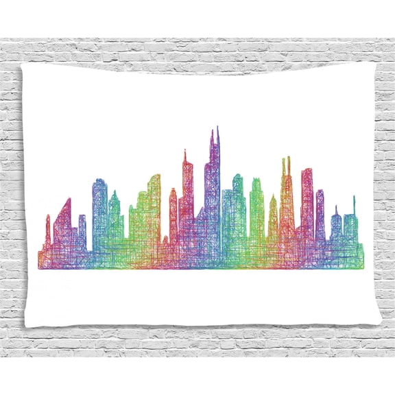Chicago Skyline Tapestry, Abstract City Scene in Mixed Rainbow Tones Modern Featured Artful Kitsch, Wall Hanging for Bedroom Living Room Dorm Decor, 80W X 60L Inches, Multicolor, by Ambesonne