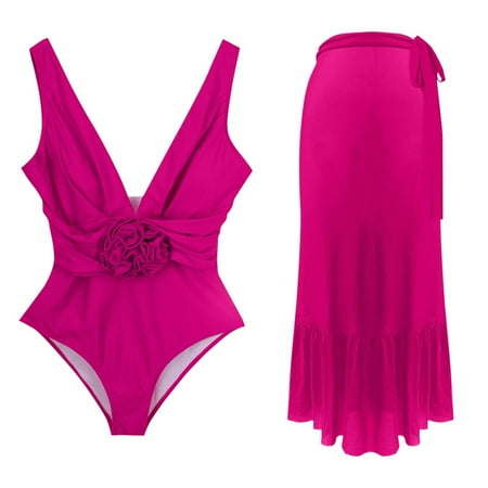 Sakmal Two Piece Sets Bathing Suit for Women Tummy Control V Neck One-Piece Pink Bathing Suits Full Coverage Swimsuit Sets