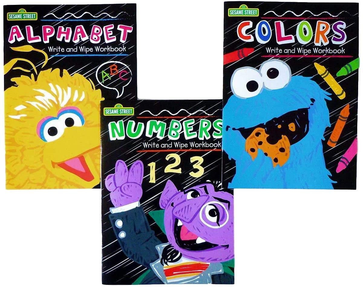 3 SESAME STREET WRITE ON WIPE OFF CHILDREN BOOKS FUN WITH COLORS NUMBERS LETTERS 