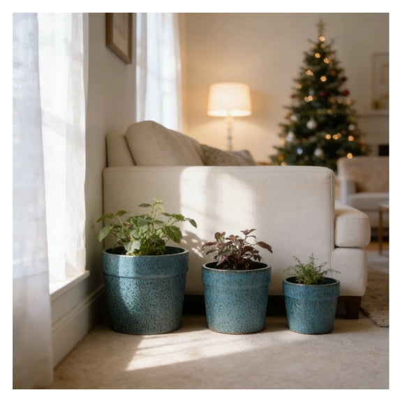 Handmade Ceramic Planter Set of 3, 15/12/9 Inch Diameter, Blue Textured Pattern, for Succulents & Indoor Plants, Windowsill & Bookshelf Use, Breathable Clay