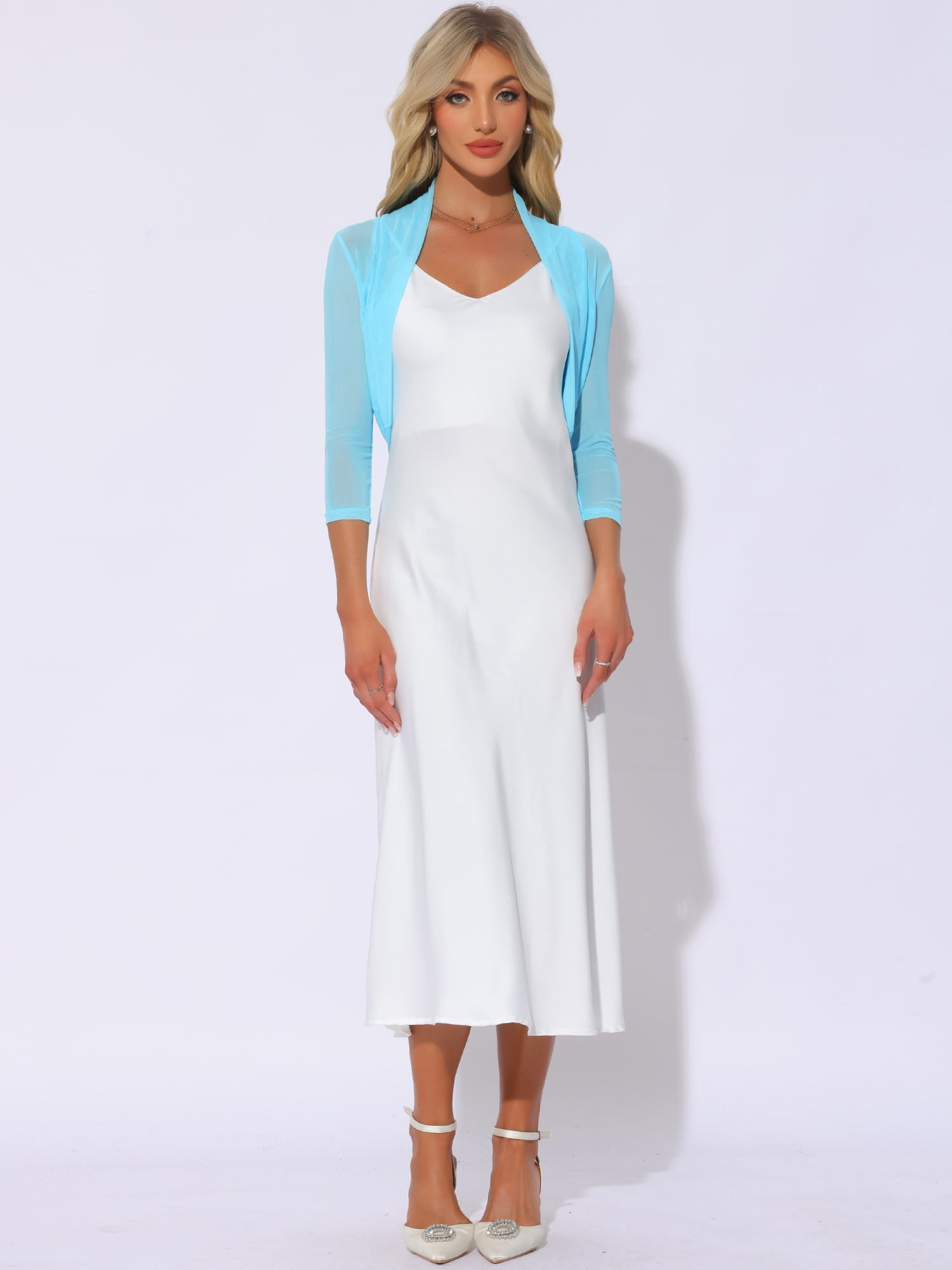 DARING DIVA Semi Sheer Elegant 3/4 Sleeves Blouse L Light Blue