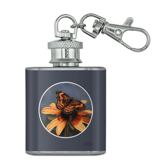 Pearl Crescent Butterfly on a Yellow Flower Stainless Steel 1oz Mini Flask Key Chain
