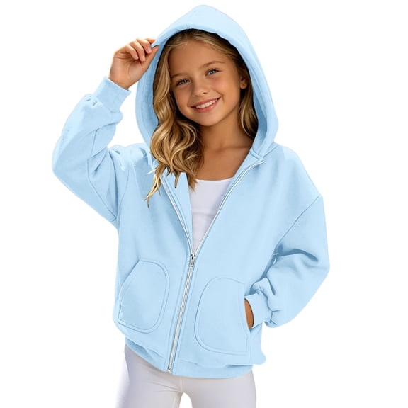 Gtoiithly Full Zip Hoodie for Girls Soft Lightweight Hooded Sweatshirt with Front Pockets Cozy Comfort Everyday Back to School Hoodie Light Blue-b 8-9 Years