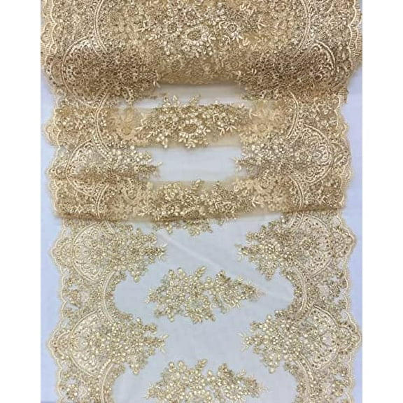 Decorative Silk INC Sequin lace Fabric with Embroideries on mesh (1 Yard, Gold) VT-14