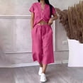thumbnail image 2 of Women’s 2 Piece Outfit Set Button Short Sleeve Shirt and Drawstring Waist Cropped Wide Leg Capri Pants with Pockets, Light Weight for Daily‑Wear, Vacation and Shopping S-5XL Hot Pink, 2 of 6