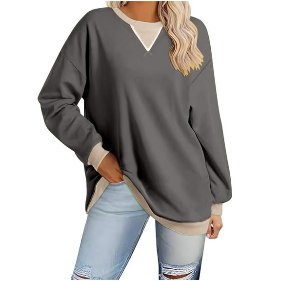 Xcmzpl Women's Sweatshirts Casual Color Block Crewneck Sweatshirt Lightweight Sweater Tops Cotton Long Sleeve Shirts Fall Fashion