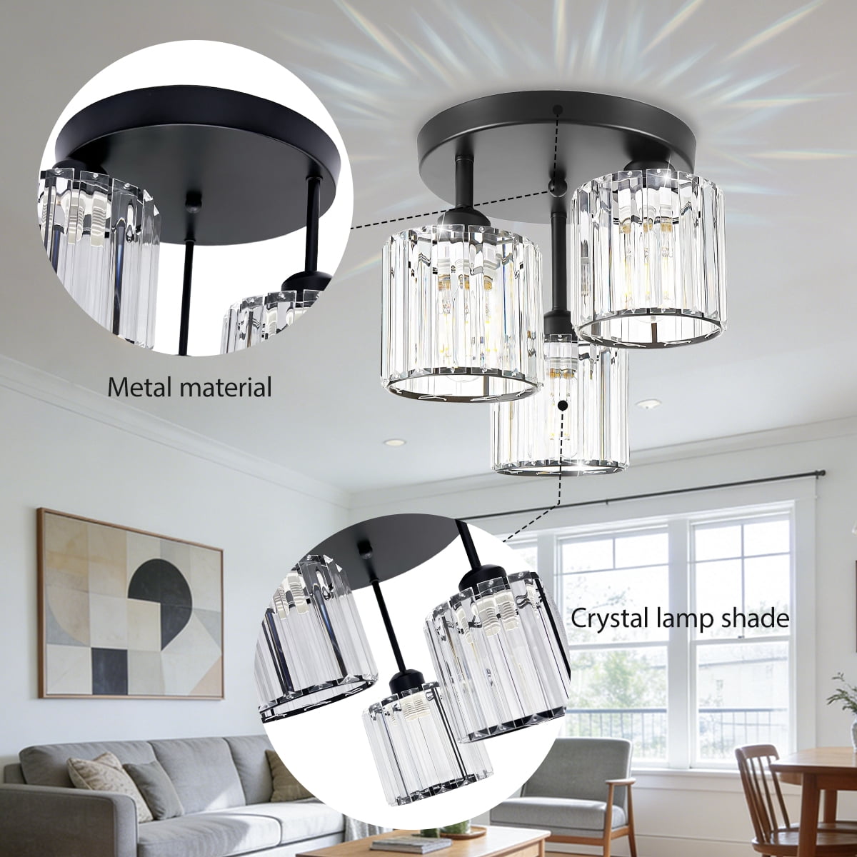 Crystal Semi Flush Mount Ceiling Light, 3-Light Close to Ceiling Light Fixtures, Modern Light Fixtures with Clear Crystal Shade, for Hallway Foyer Entryway Bedroom Kitchen, Black