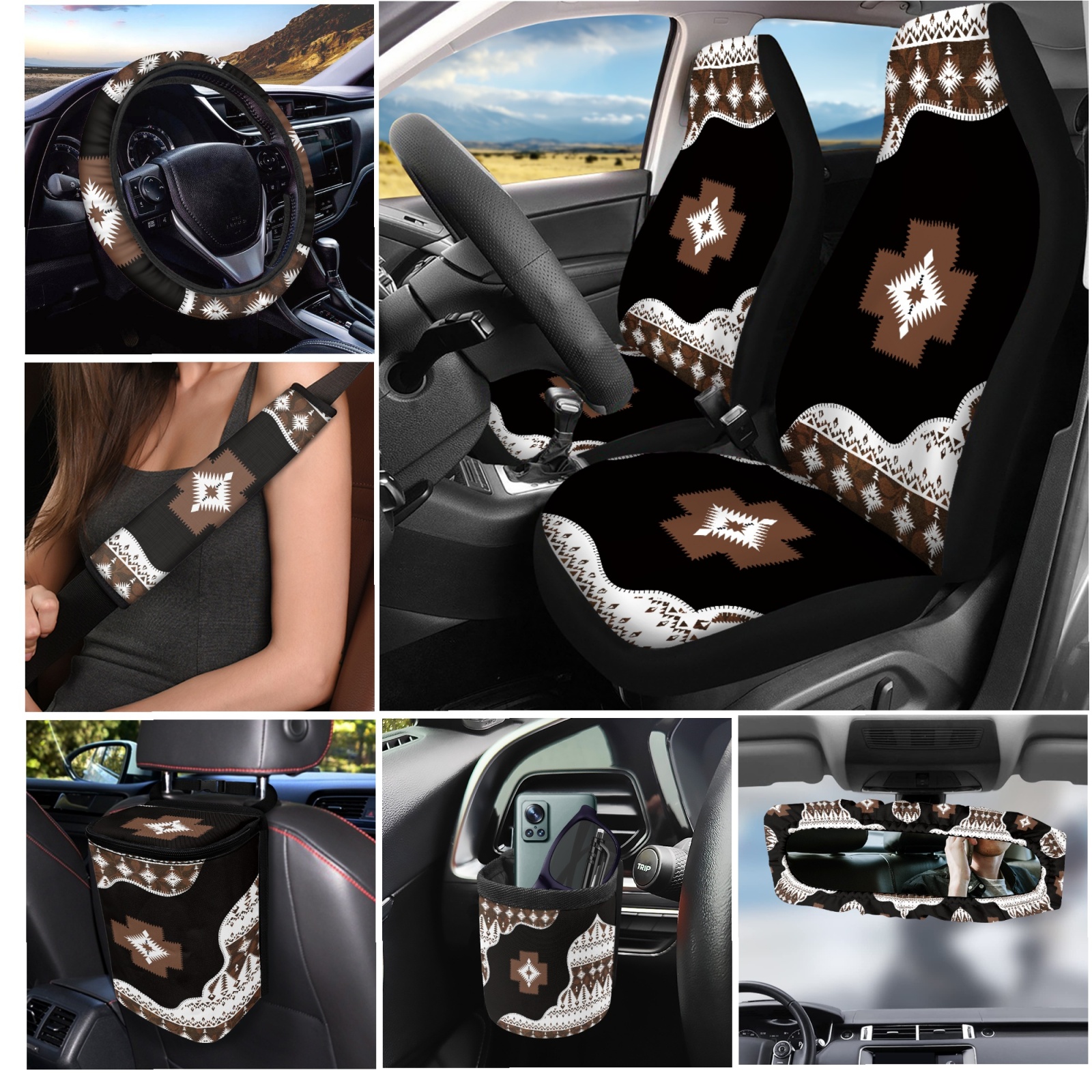 Jeiento Aztec Tribal Style Car Accessories with Seat Covers Rear View Mirror Protector Kechains Coasters Air Vent Storage Bag Seat Belt Strap Pad Trash Bag Steering Wheel Cover for Men