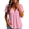 thumbnail image 2 of XAOFW Womens T Shirts Solid Color V Neck Button Up Loose Fitting Short Sleeved T Shirt Versatile Top XL, 2 of 4