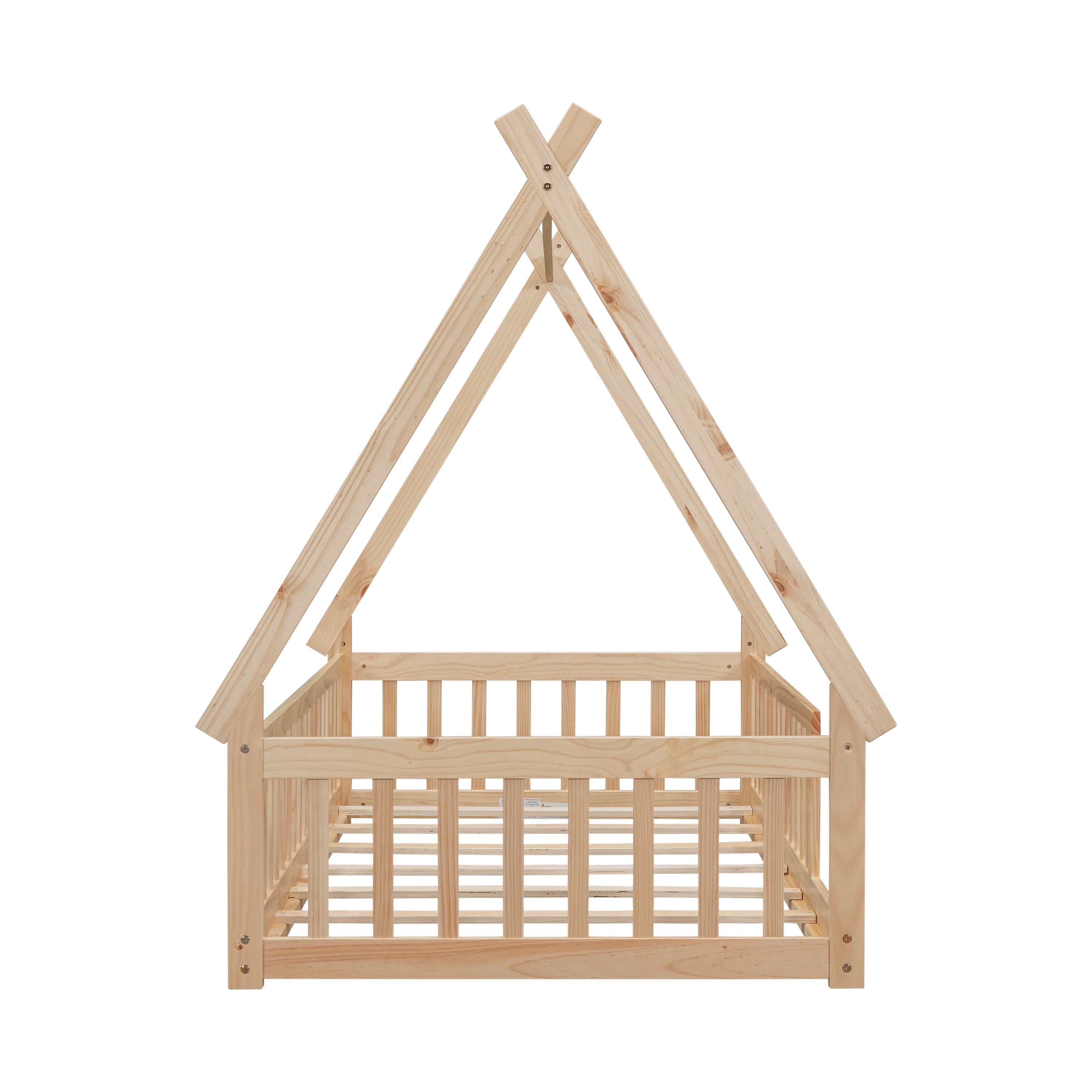 Twin Size House Floor Bed, Wood Montessori Bed Frame with Fence Guardrails, House Beds Frame (Twin,Natural)