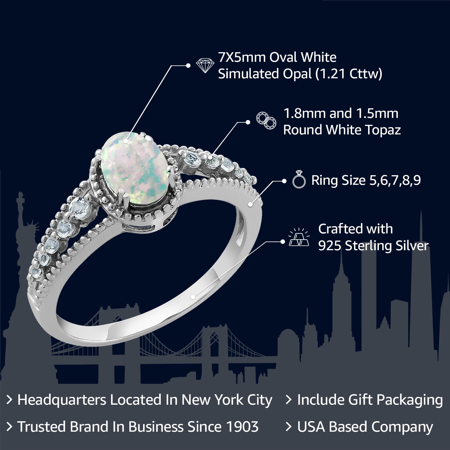 Gem Stone King 925 Sterling Silver White Simulated Opal and White Topaz Engagement Ring for Women (1.21 Cttw, Oval Cabochon 7X5MM, Available 5,6,7,8,9)
