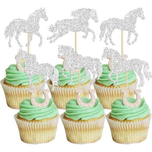 12pcs Horse Cupcake Toppers Glitter Animal Horse Racing Cupcake Pick Baby Shower Horse Party Cake Decorations for Birthday Equestrian Theme Party Decorations Silver