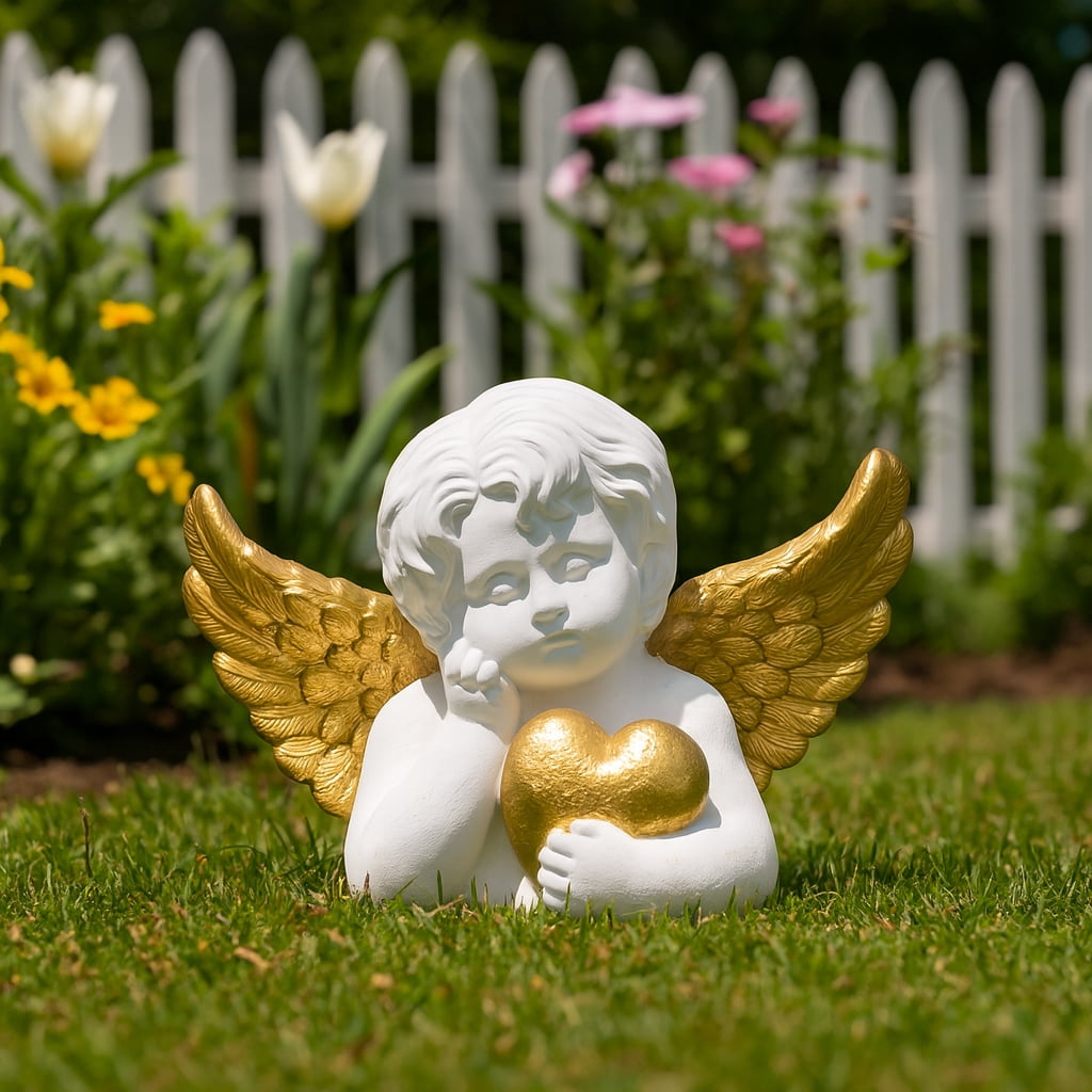 Cherub Angel with Heart Garden Statuary Decor - Outdoor Decor for Front Porch, Garden, and Patio Accent - Decorative Statue and Figurine for Landscape and Yard Art - 11", White & Gold