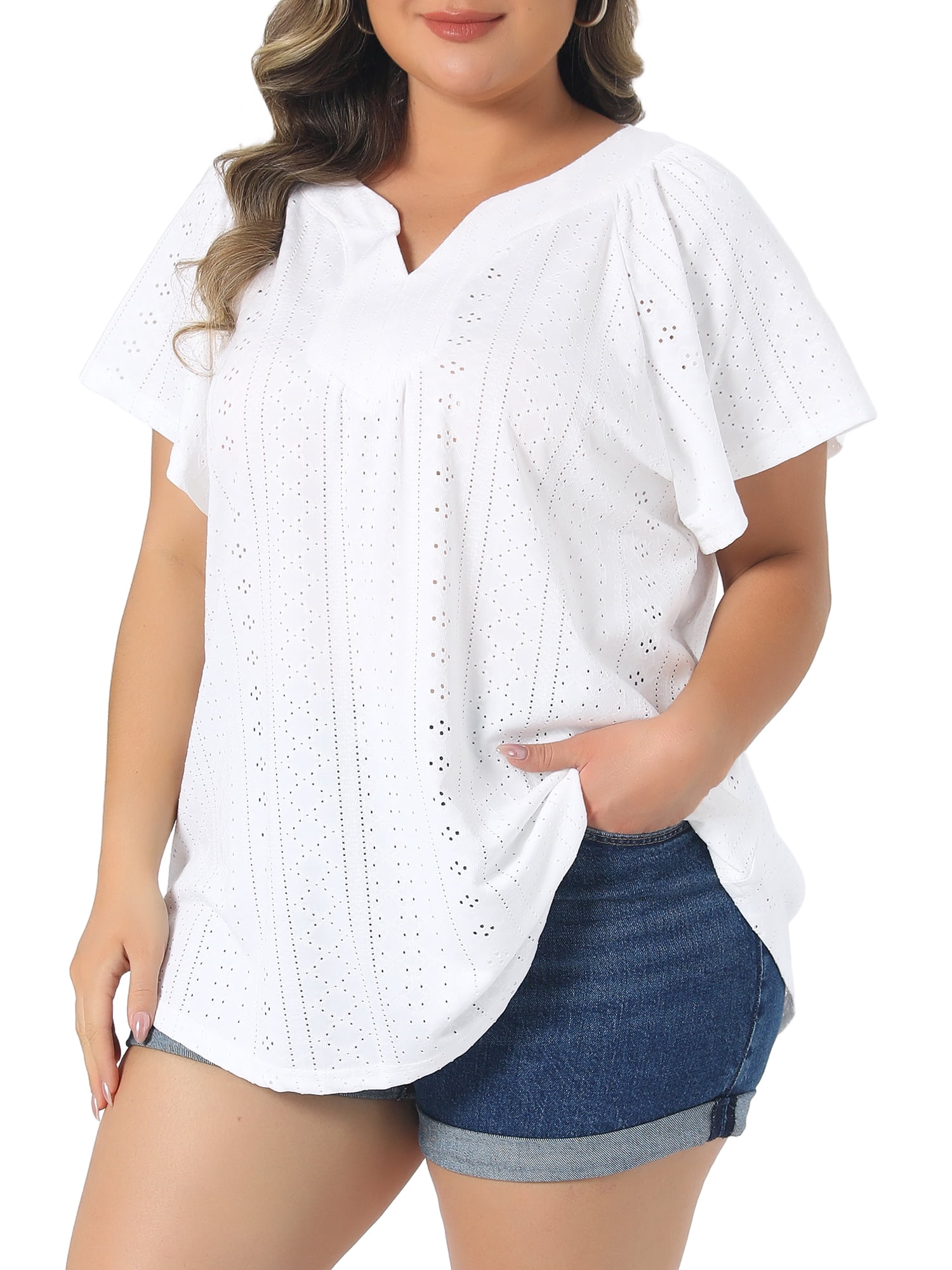 Women's Plus V Neck Short Sleeve Eyelet Embroidery Casual Blouse 3X White