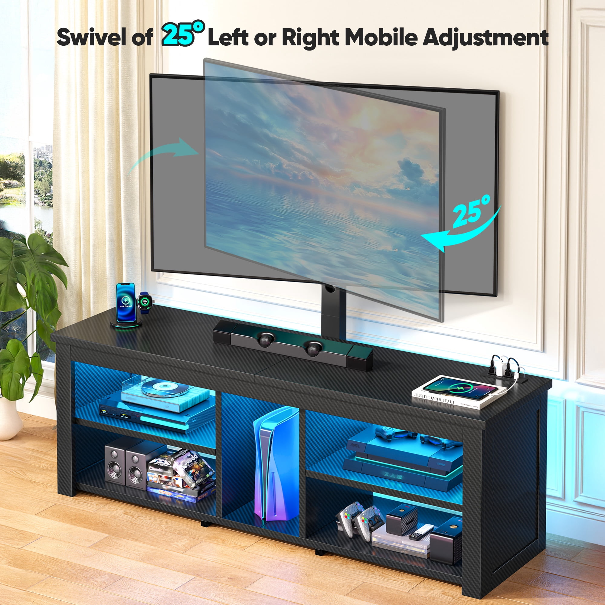 Romorgniz TV Stand with Mount & LED Lights for 70 inch TVs, Swivel Entertainment Center with Power Outlet, Carbon Fiber Black