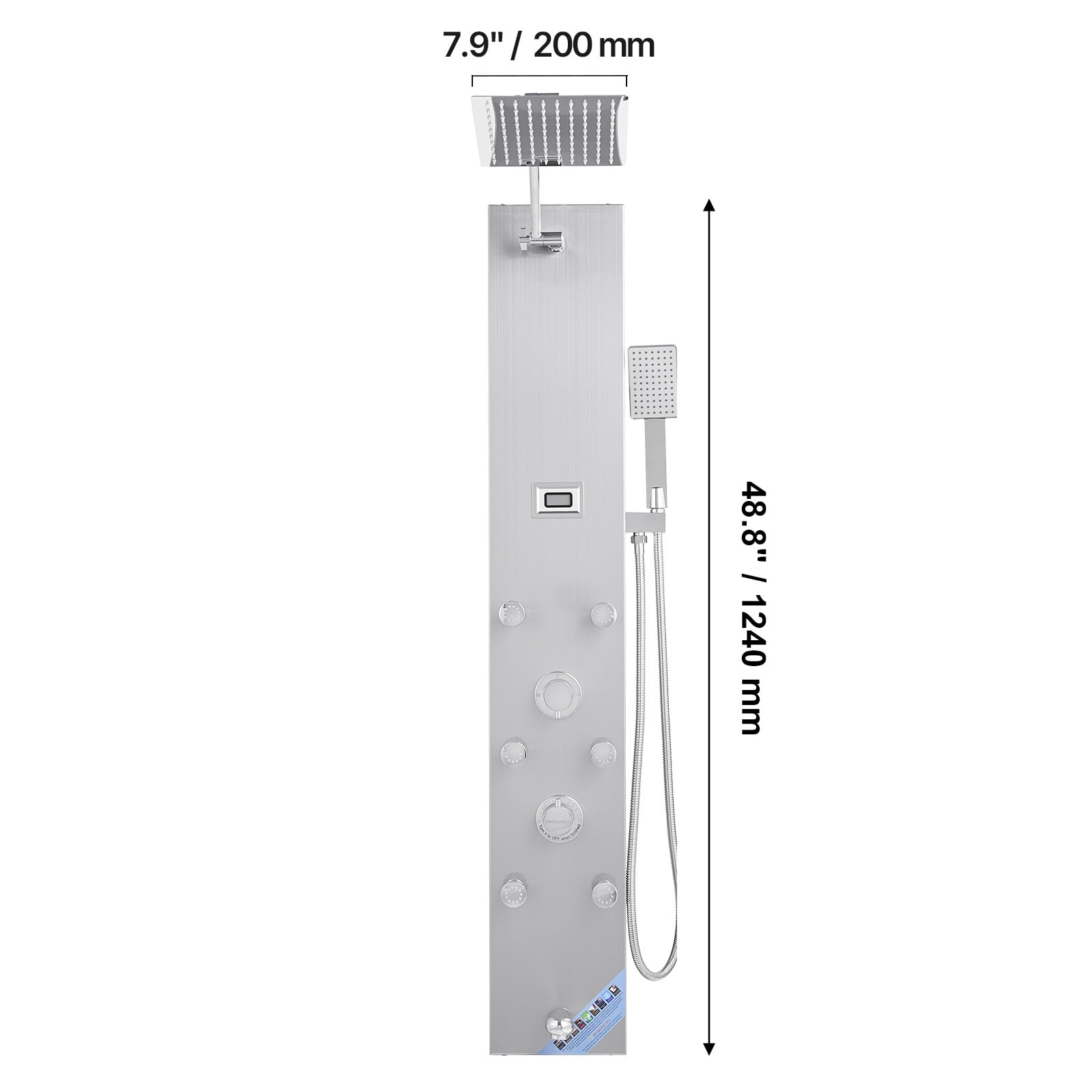 KFFKFF Shower Panel Tower System, 49 in Brushed Stainless Steel, Incorporates Rainfall Shower Head, LED, 4-Function Faucet, Wall-Installed Rain Massage System with 6 Body Jets, Handheld