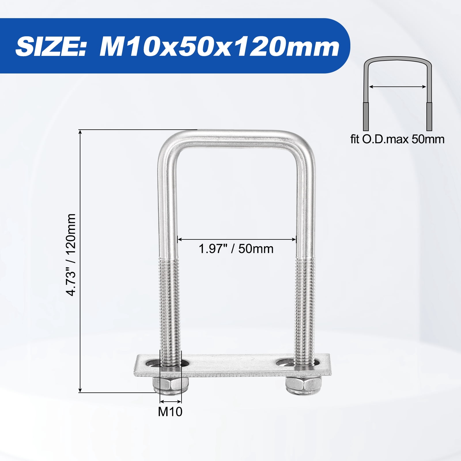 U Bolts 2Set (M10x50x120mm), Square U Bolt Kits 304 Stainless Steel with Nylon Lock Nut Washers Plates - for Construction, Pipe, Trailer, Automotive, Leaf Spring Fastener
