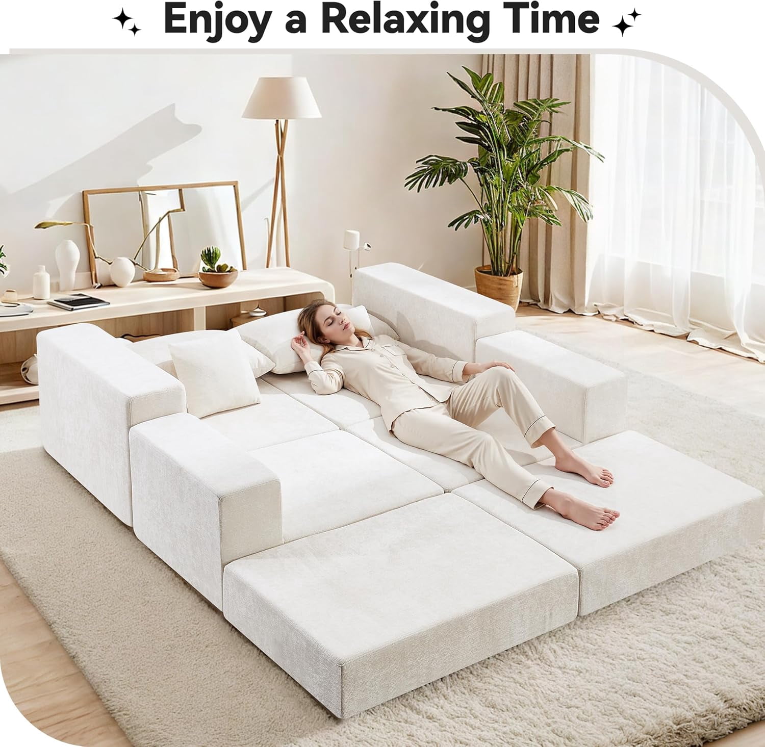 79" Boneless Cloud Loveseat Sofa with Ottoman, Modular Chenille Convertible Floor Couch Bed, No Assembly, Beige