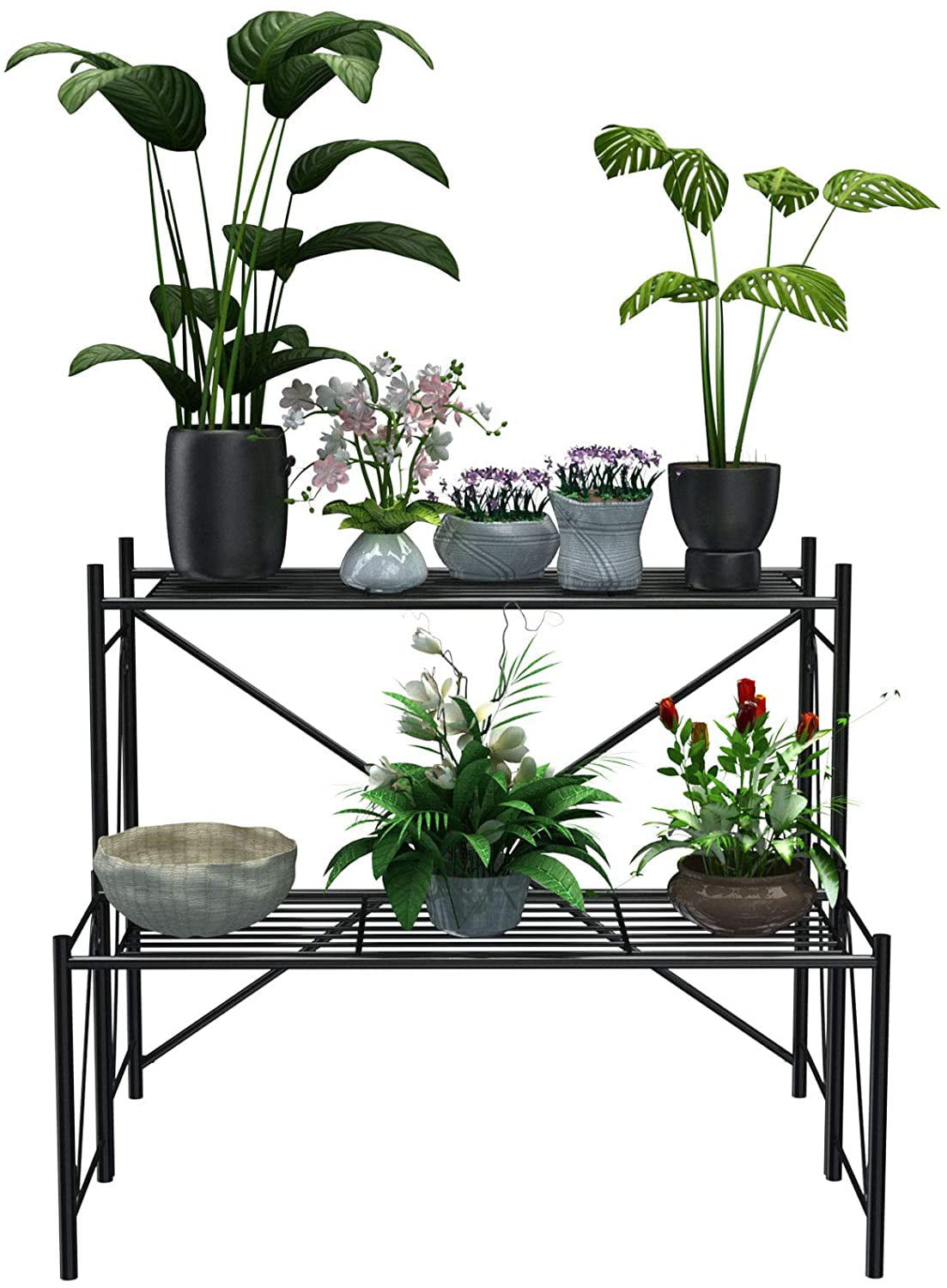 2 in 1 Width Adjustable Metal Plant Stand Flower Pot Rack Holder Outdoor Indoor 
