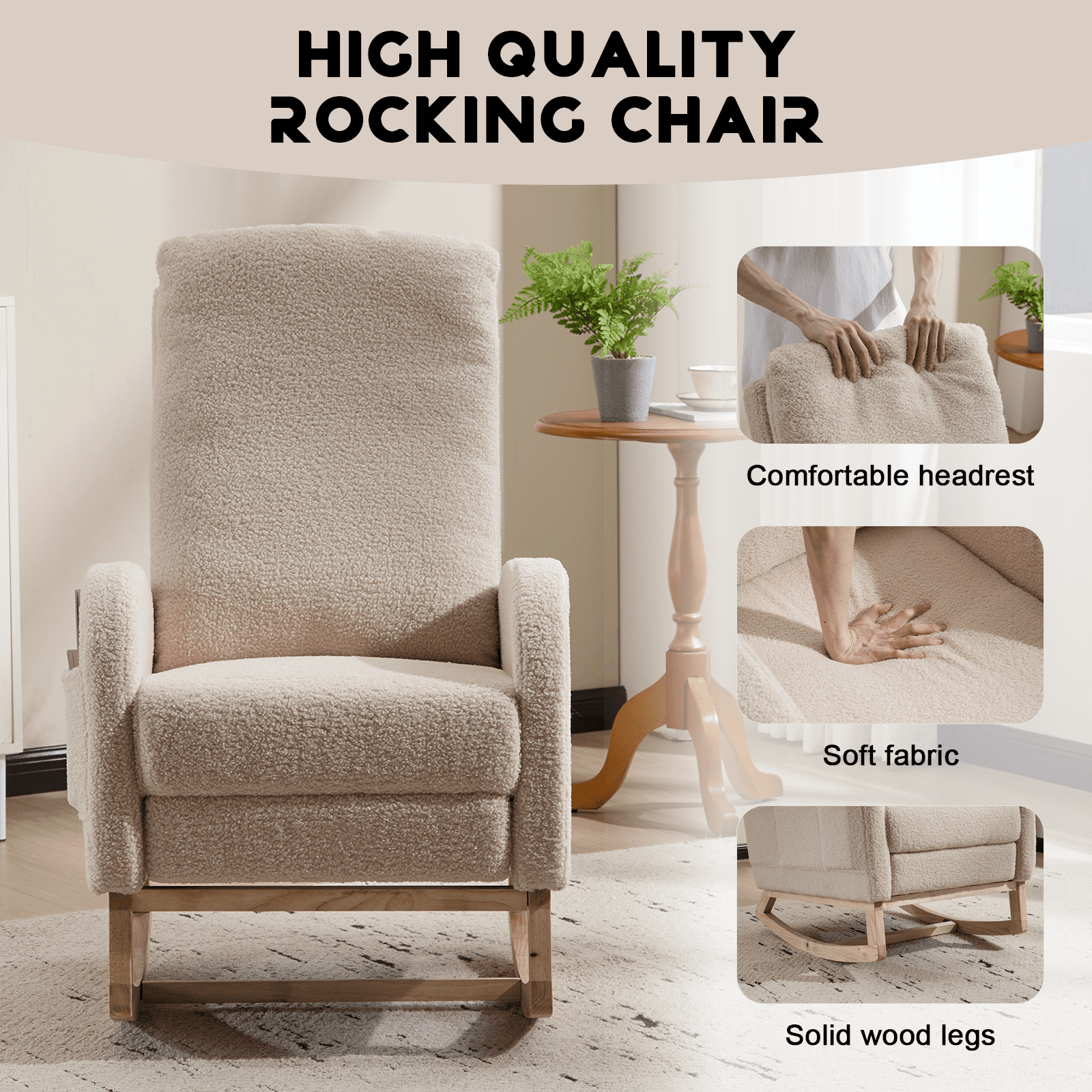 FFZ Modern Accent Rocking Chair Solid Wood Legs Upholstered Nursery Glider Footrest Beige Teddy