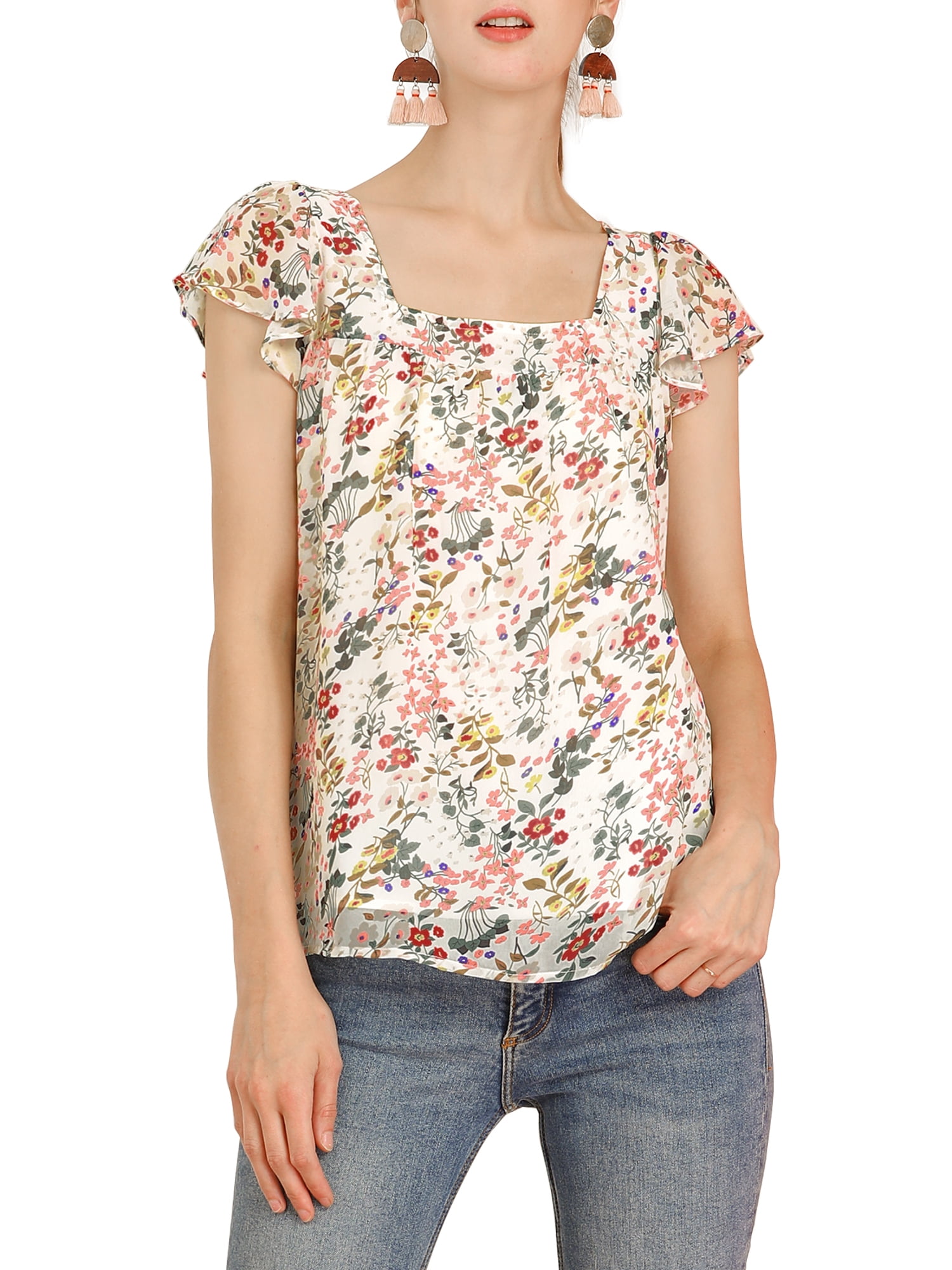 DARING DIVA Women's Floral Ruffle Sleeve Chiffon Blouse Top XS White