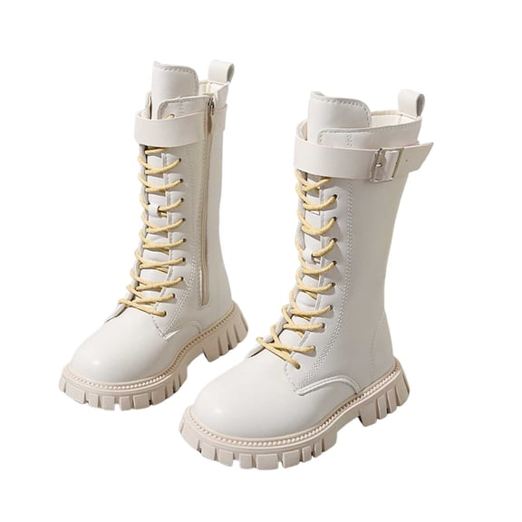Girls Lace Up Riding Boots Mid Calf Combat Boots Punk Goth Waterproof Boots (White 10.5-11 Years)