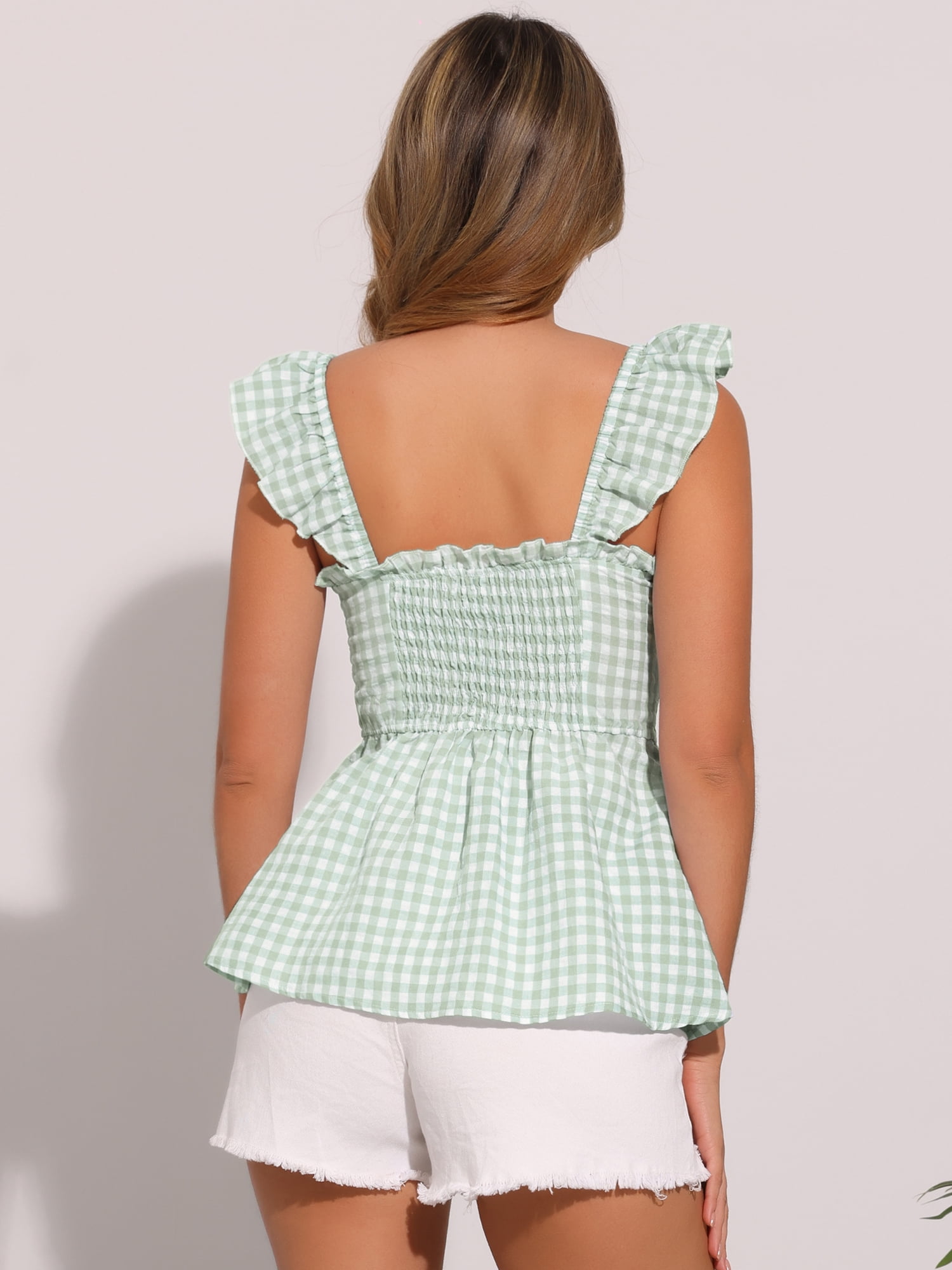 DARING DIVA Women's Gingham Peplum Square Neck Sleeveless Plaid Blouse M Light Green