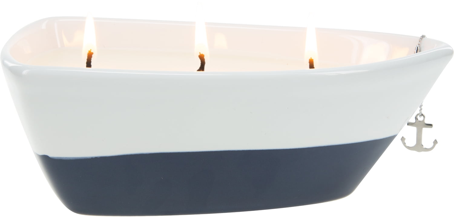 Pavilion Gift Company Triple Wick Candle in Ceramic Boat Dish, 10 Oz, 4"W x 2.75"H, Blue