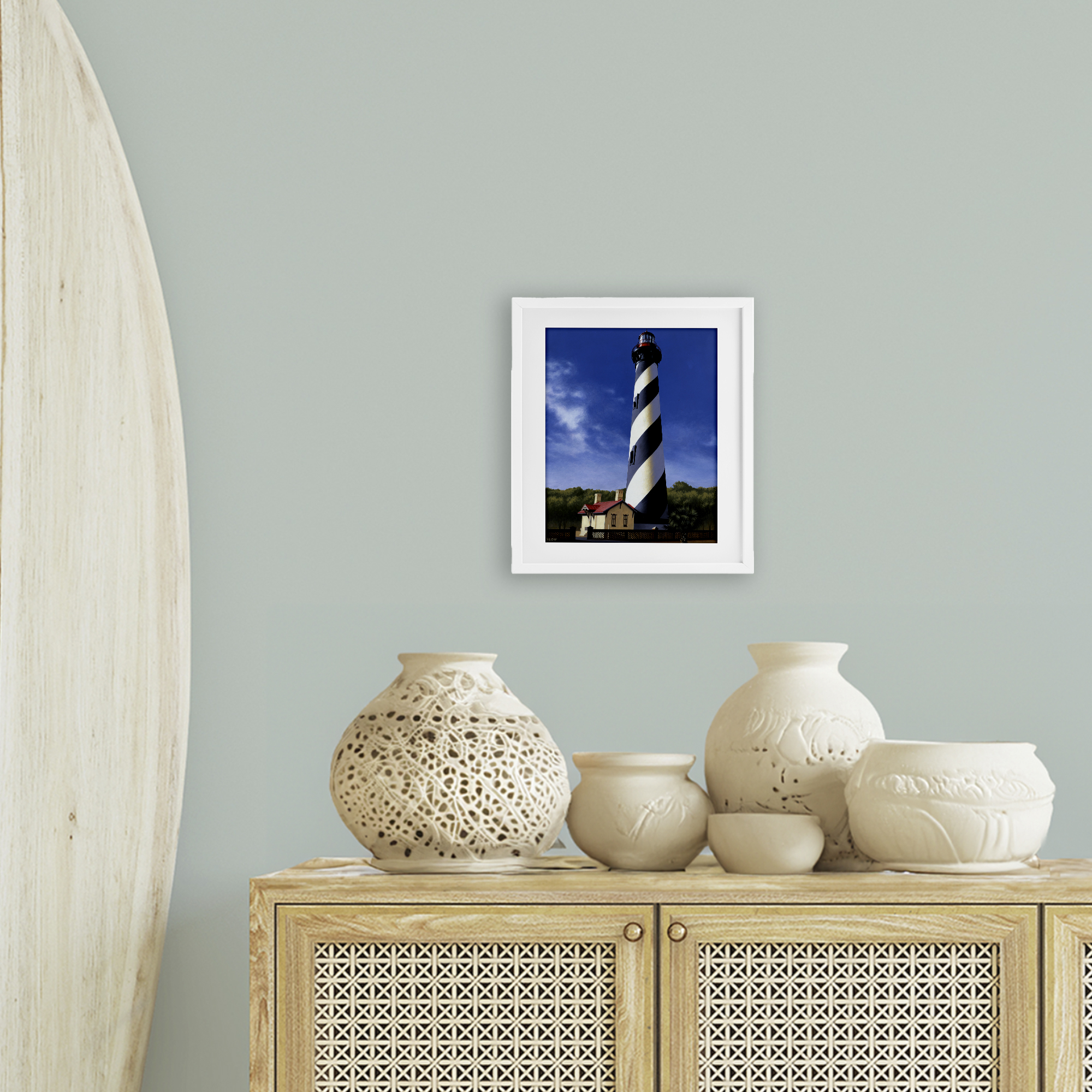 St. Augustine Lighthouse White Framed Print Under Glass, design by Wind River Studios