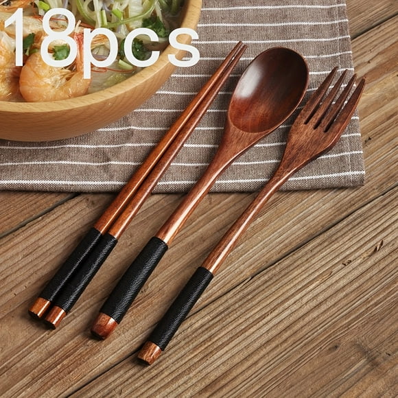 QUTETN 18pcs Natural Wooden Cutlery Set - Handmade Spoons, Chopsticks, And Forks Suitable for Dining And Kitchen Use