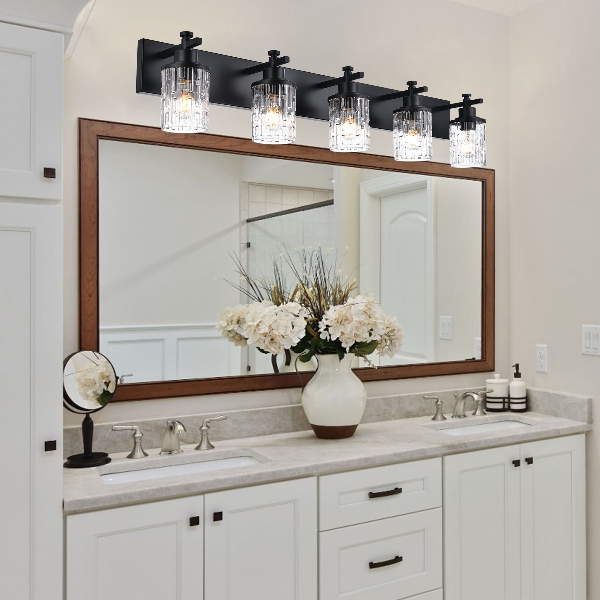 MELUCEE 5 Lights Bathroom Light Fixtures, Matte Black Vanity Lighting with Clear Grid Glass Shade