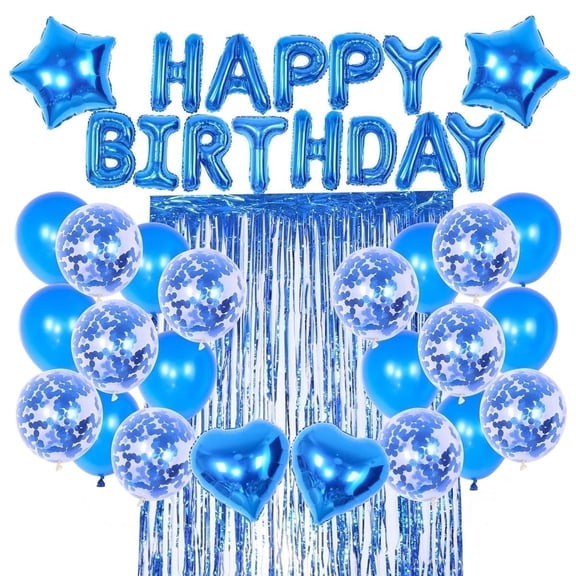 Birthday Party Decoration Blue for Mens Boy, Happy Birthday Balloon Banner, Balloons, Fringe Curtain