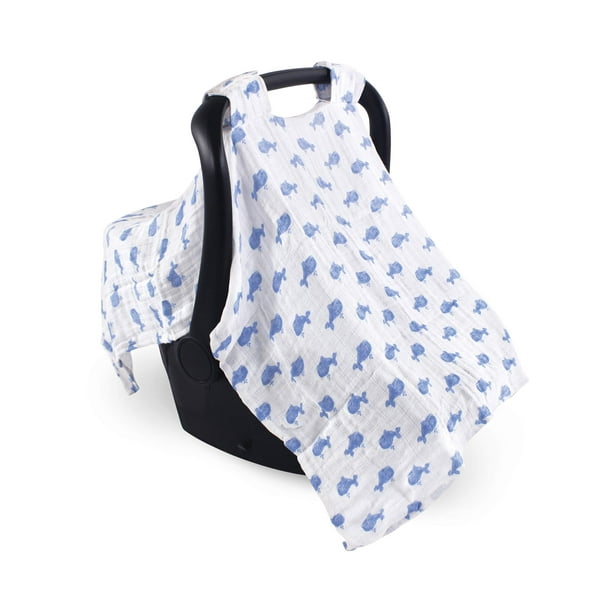 Hudson Baby Boy and Girl Muslin Car Seat Canopy Cover, Blue Whale