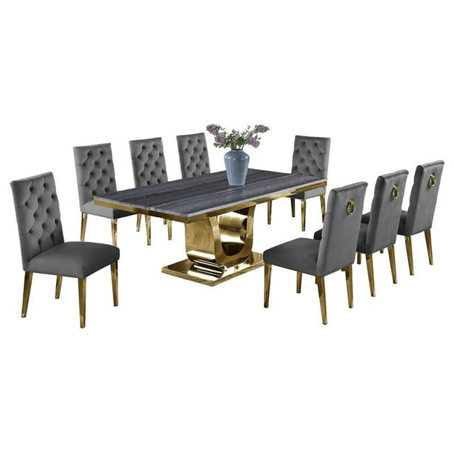 Gray Marble Dining Set with Gold Stainless Steel and Gray Velvet Chairs