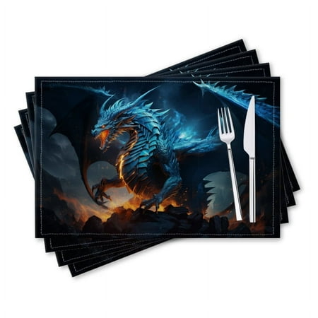 

BaHomeck placemats Set of 4 rectangle Linen Cotton Placemats for Dining Table Washable Heat Resistant 18*12inch Blue Dragon With Glowing Wings And Fiery Breath