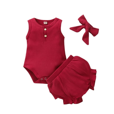 

Infant Shorts Romper Girl Bodysuit+Ruffles Solid Outfits Baby Sleeveless Girls Outfits&Set