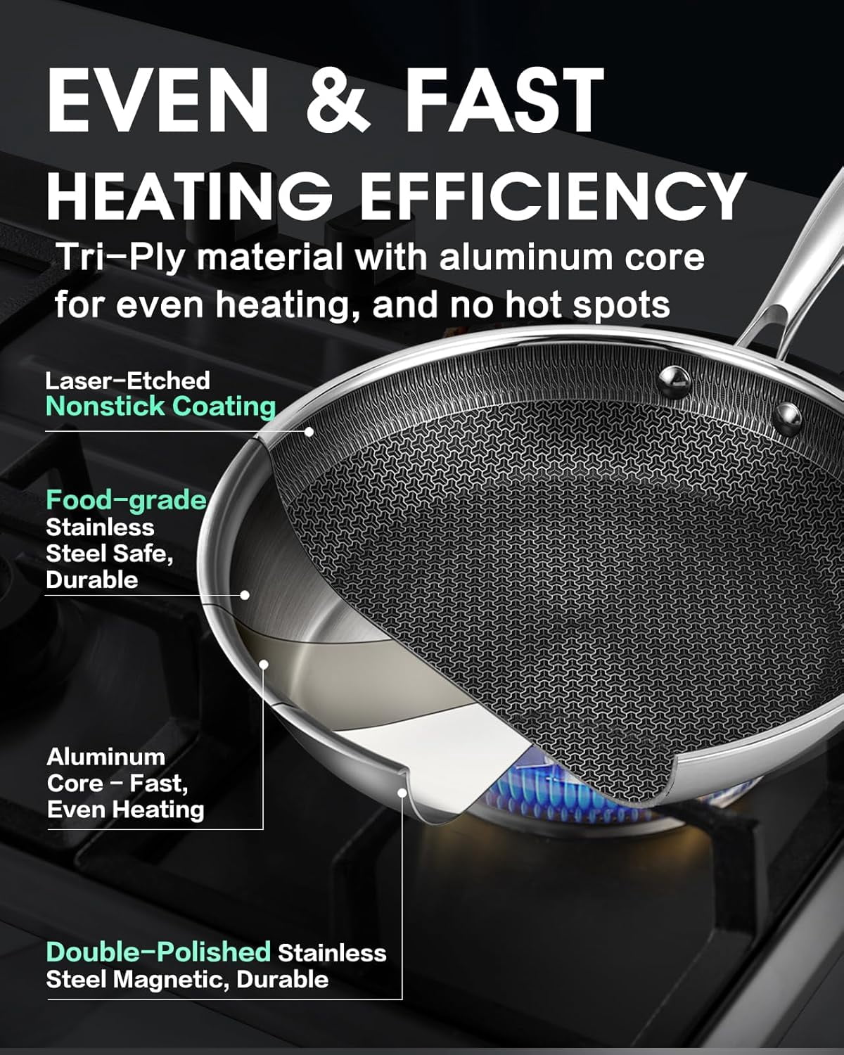 10 Inch Non Stick Frying Pan with Lid, Hybrid Stainless Steel Skillet for All Cooktops