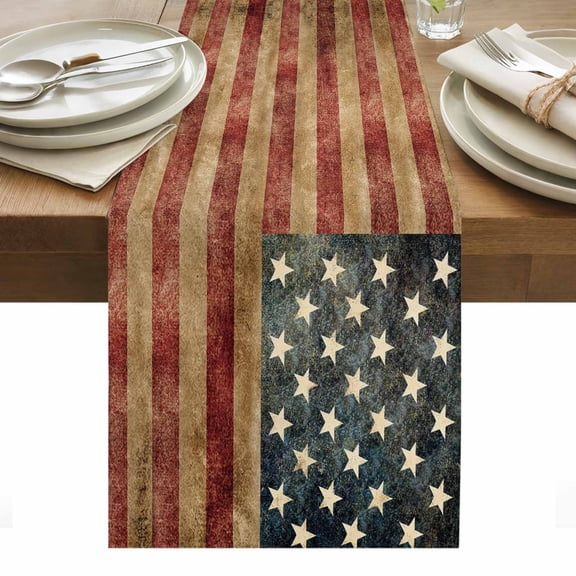 Retro American Flag Table Runner - 48 Inch Long, Kitchen Dining Table Runner Dresser Scarves, Vintage US Flag Red Striped Farmhouse Decor for Coffee Tables Wedding Party Banquet
